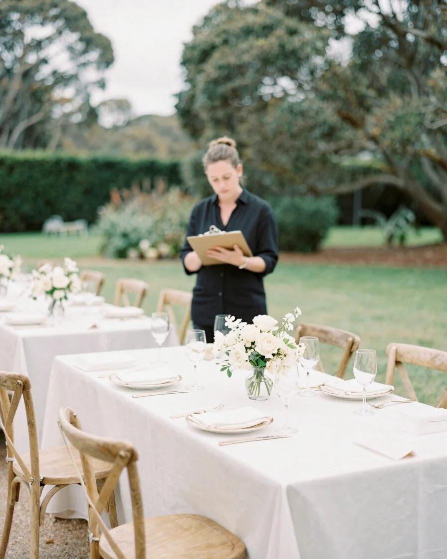 Soft natural daylight across a quiet wedding venue garden in Melbourne, a coordinator with a clipboard observing a table