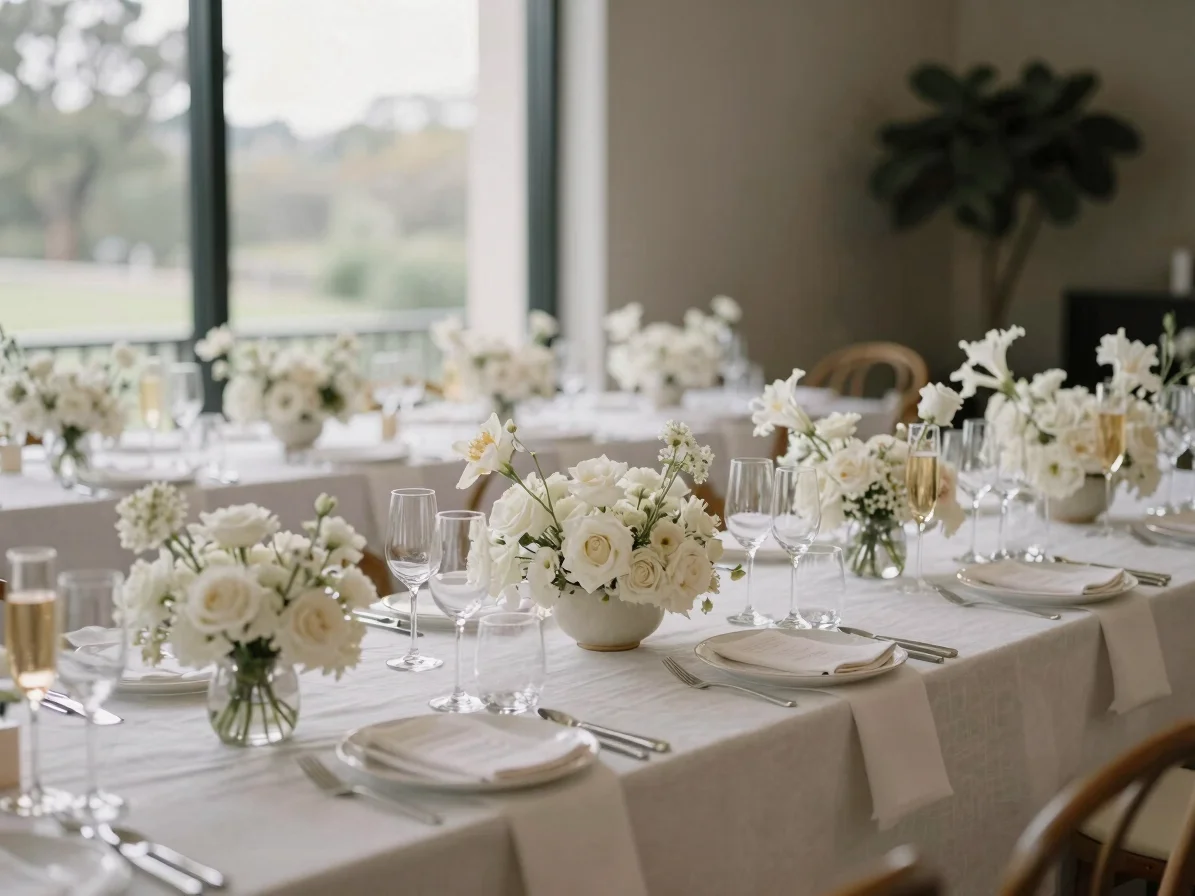 Editorial wedding photography of a softly lit reception table wit
