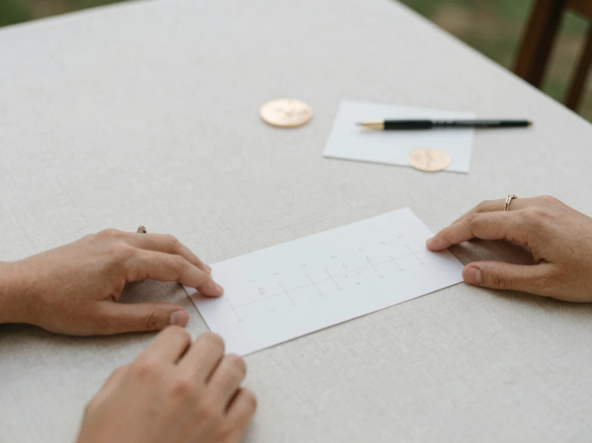 Couple's hands resting on a timeline card beside a stationery sui