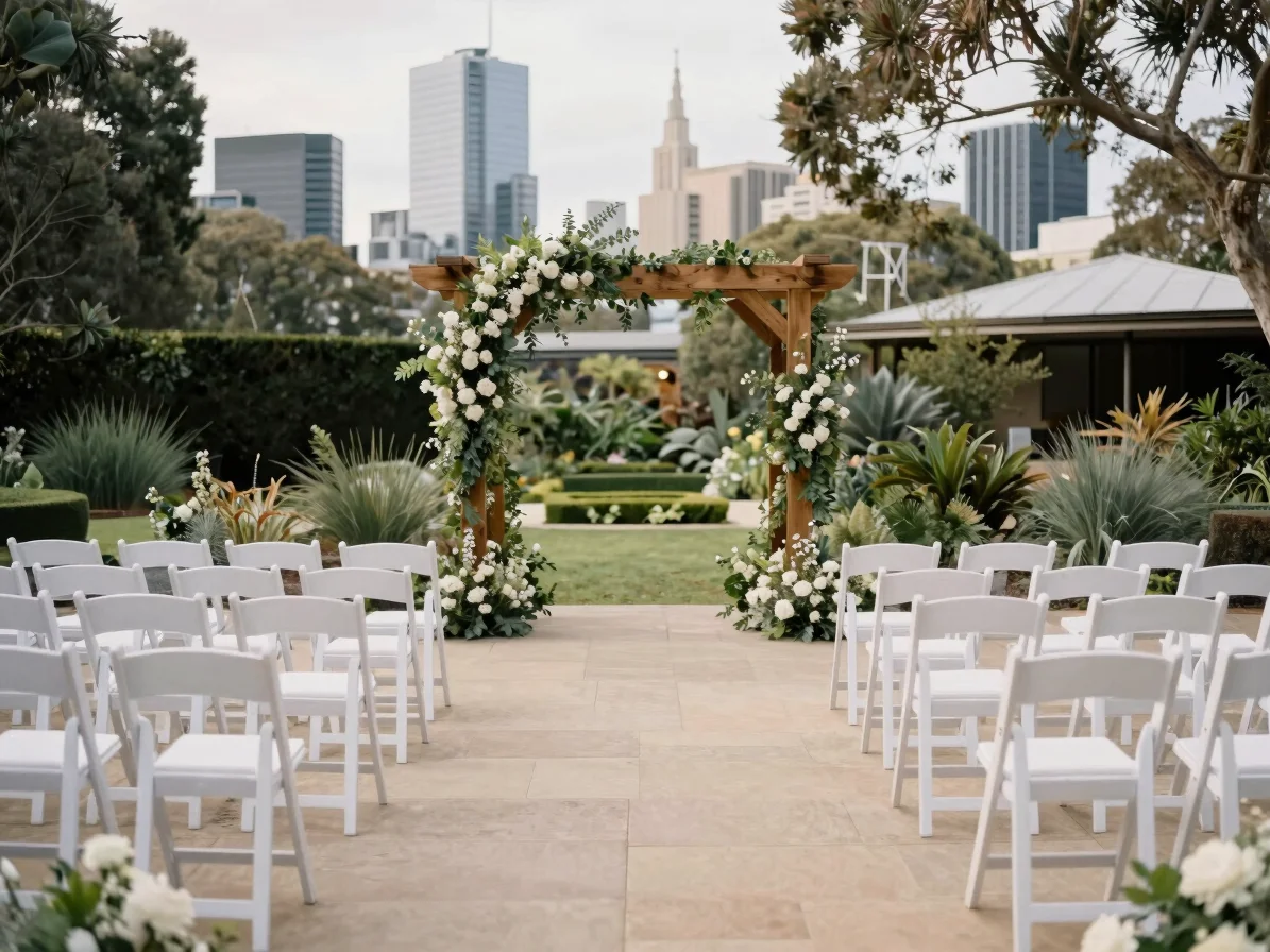 Wide documentary view of a Melbourne garden ceremony space with w